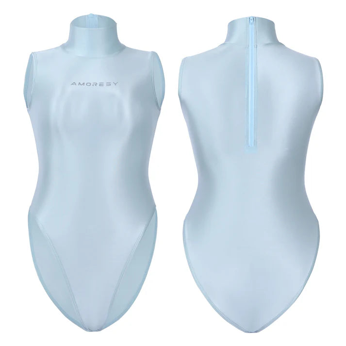 Light blue swimsuit on mannequin with AMORESEY branding, front and back views.
