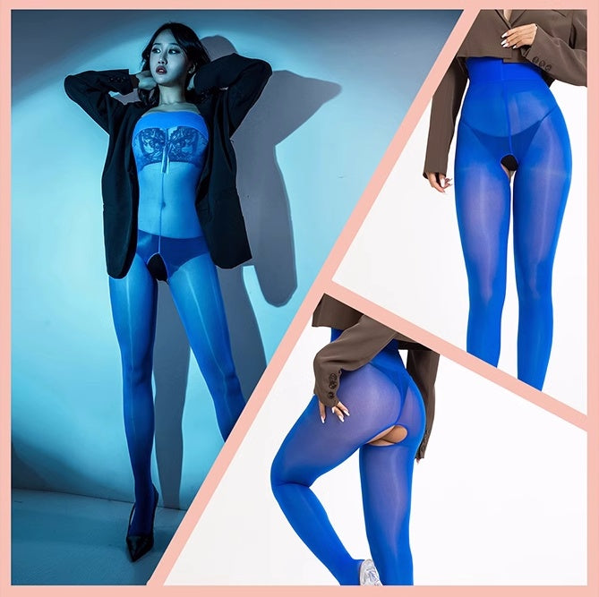 20D Crotchless High Waist Pantyhose Tights Blue
