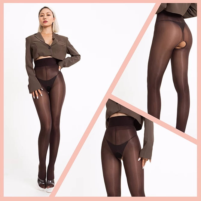20D Crotchless High Waist Pantyhose Tights Brown