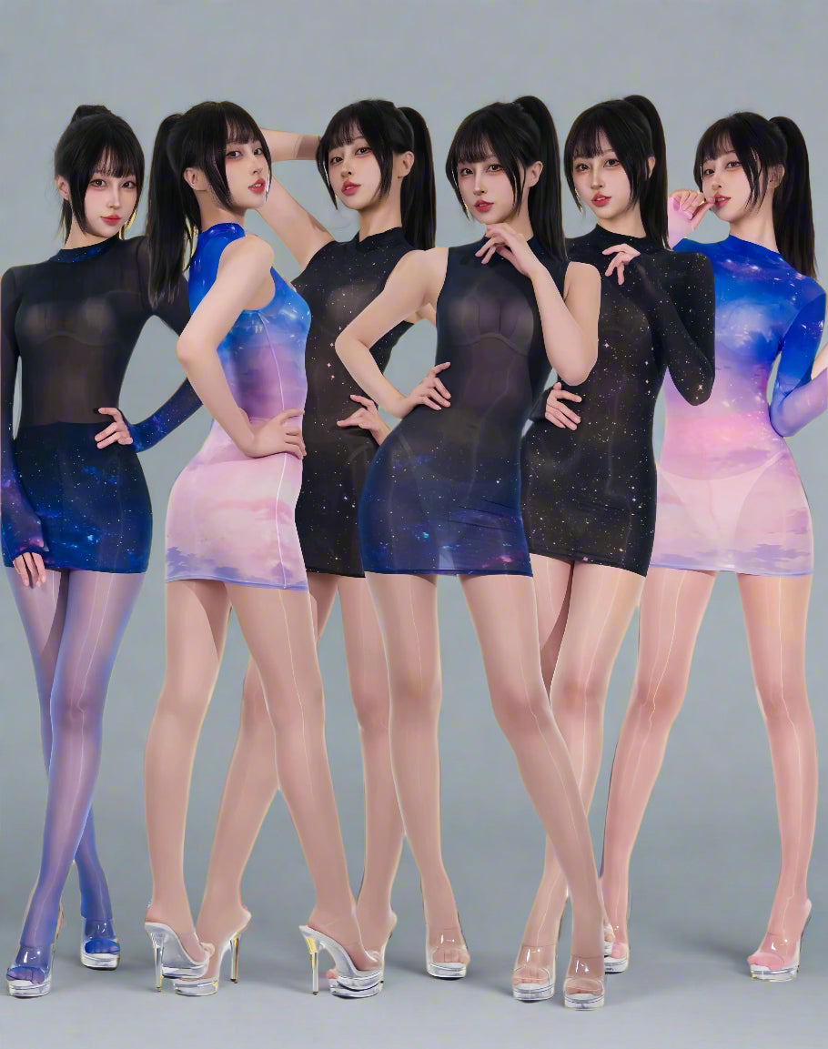 Sheer Spandex 10D Nylon Short Dress See Through Galaxy Lingerie Dress