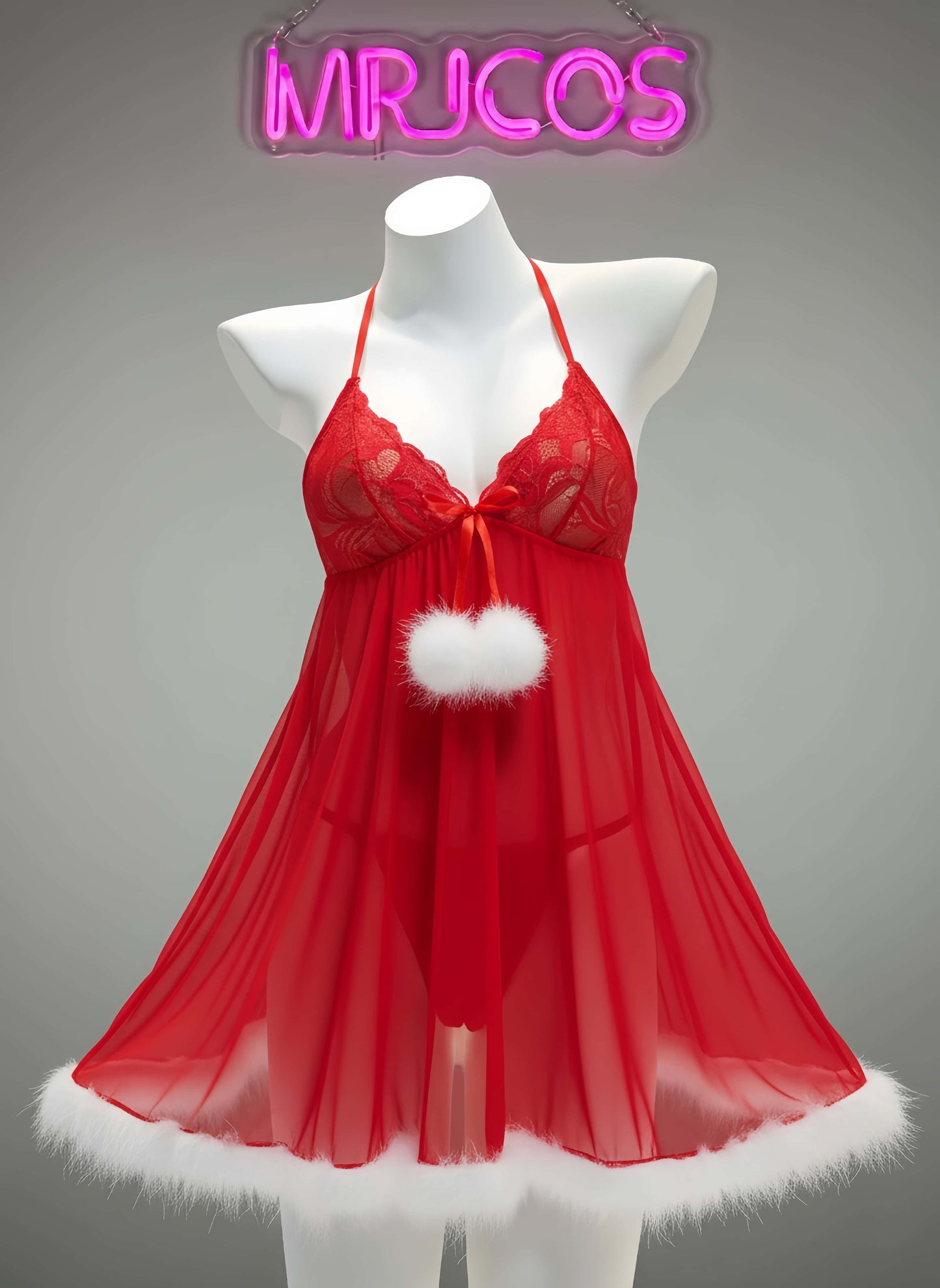 Sexy Women's Christmas Red Lace Babydoll Lingerie Dress