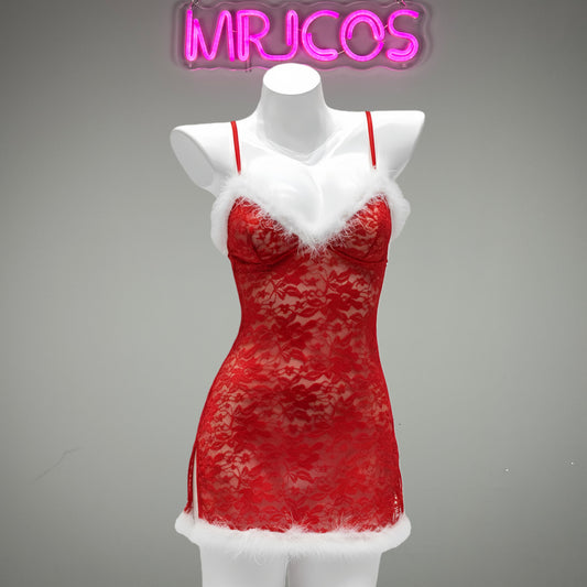 Sexy Women's Christmas Red Lace Babydoll Lingerie Set
