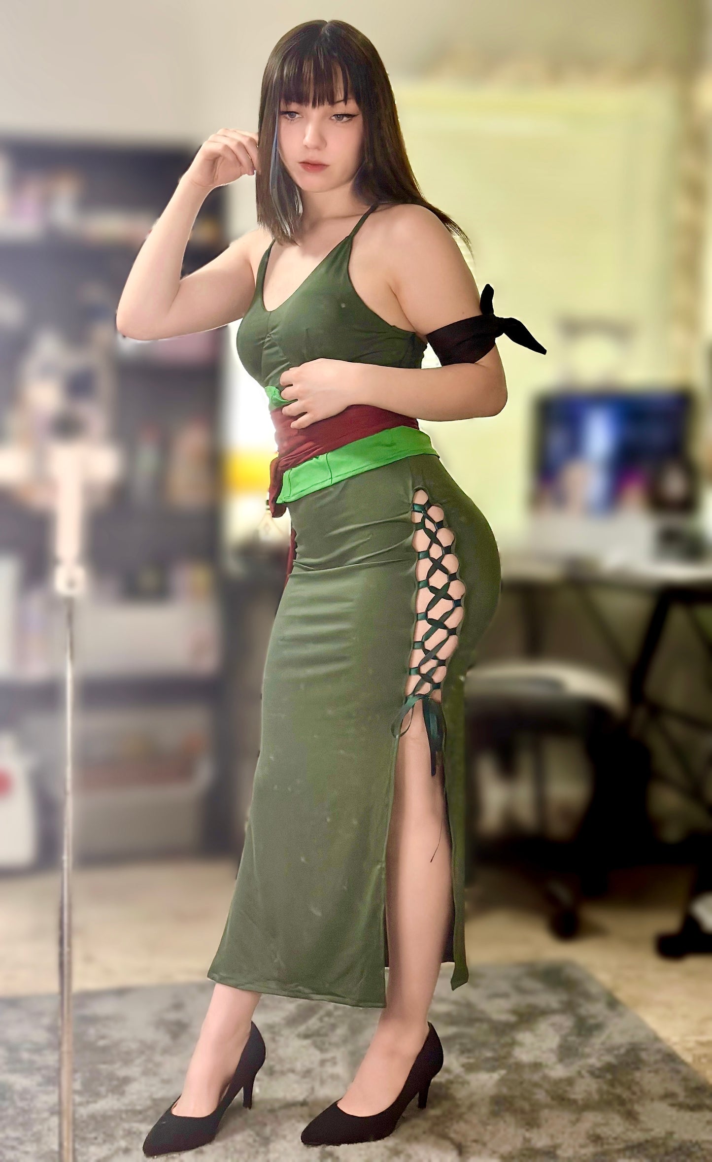 Anime Cosplay Green Sleeveless High-slit Long Dress Halloween Costume