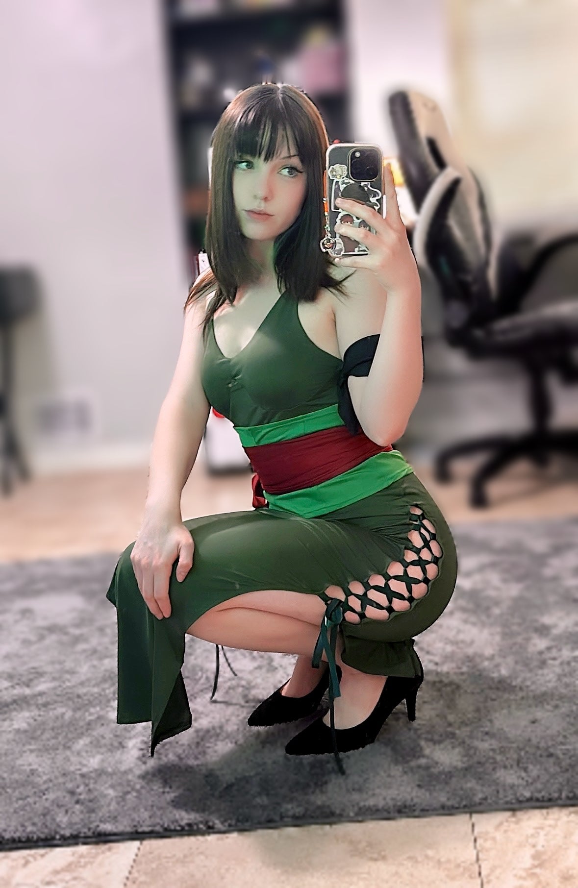 Robe longue fendue haute verte sans manches Cosplay Anime Costume Halloween