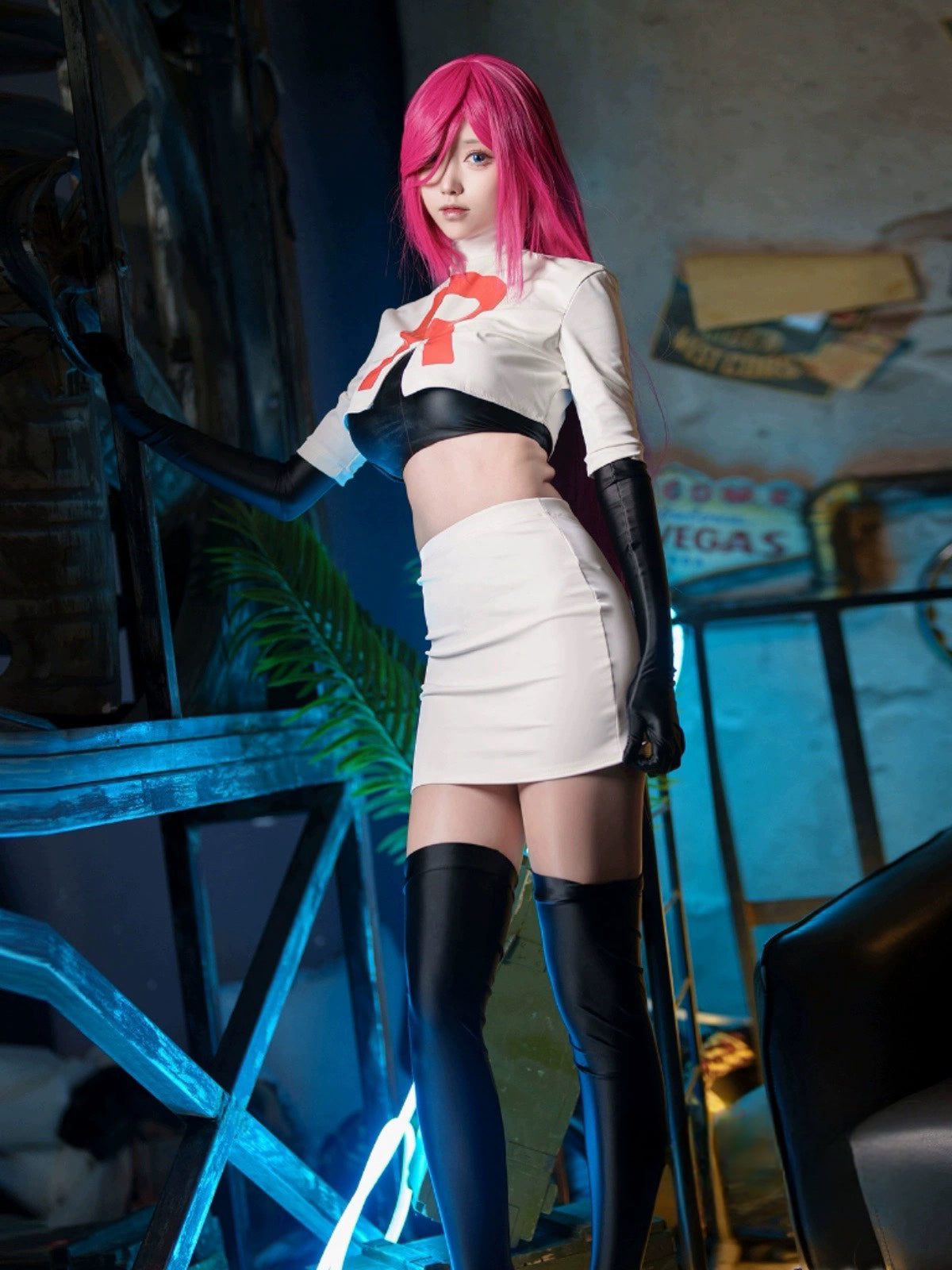 Anime Team Rocket Spandex Leather Cosplay Costume Set with Gloves and Skirt