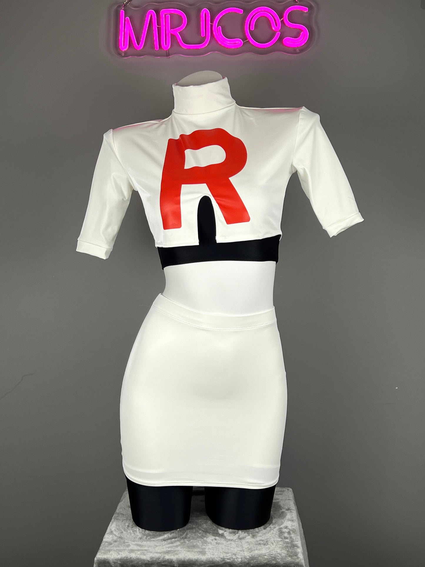 Anime Team Rocket Spandex Leather Cosplay Costume Set with Gloves and Skirt