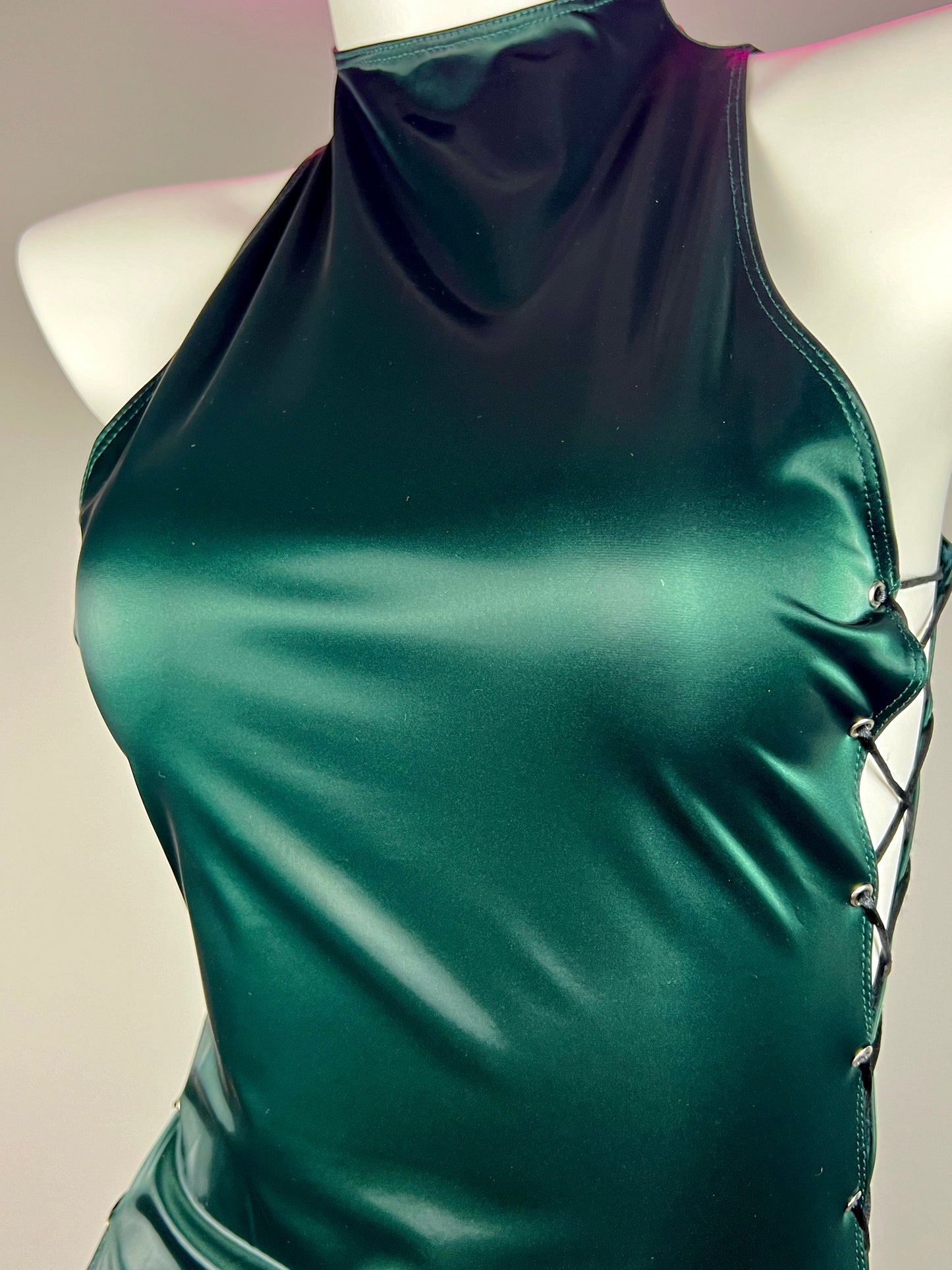 Vintage PU Leather Satin Cheongsam Lingerie Sexy Party Dress Costume