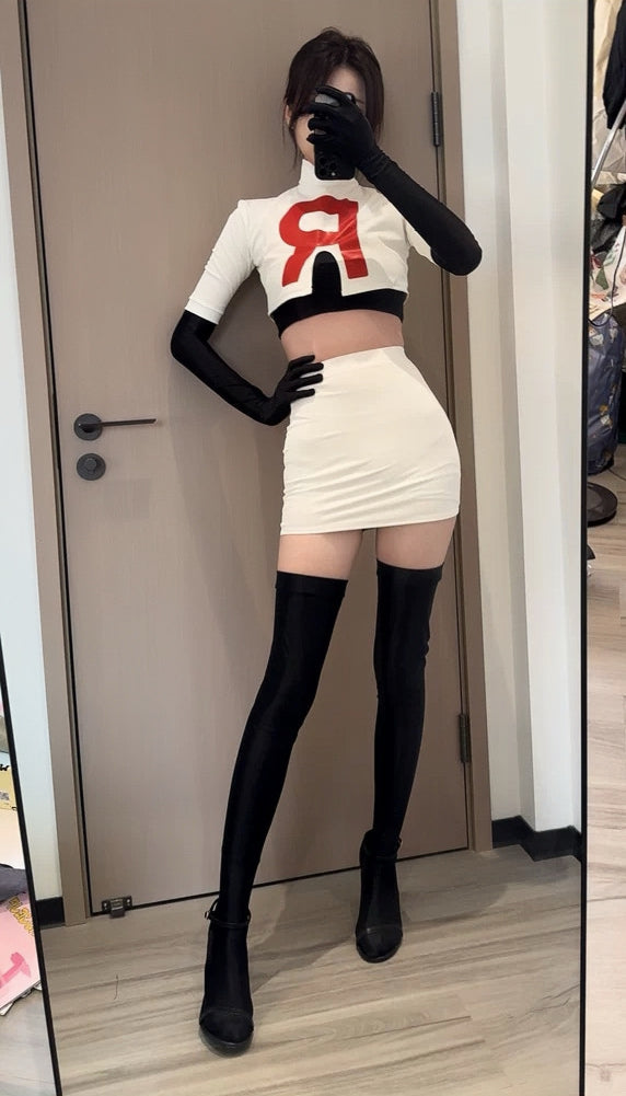 Anime Team Rocket Spandex Leather Cosplay Costume Set with Gloves and Skirt