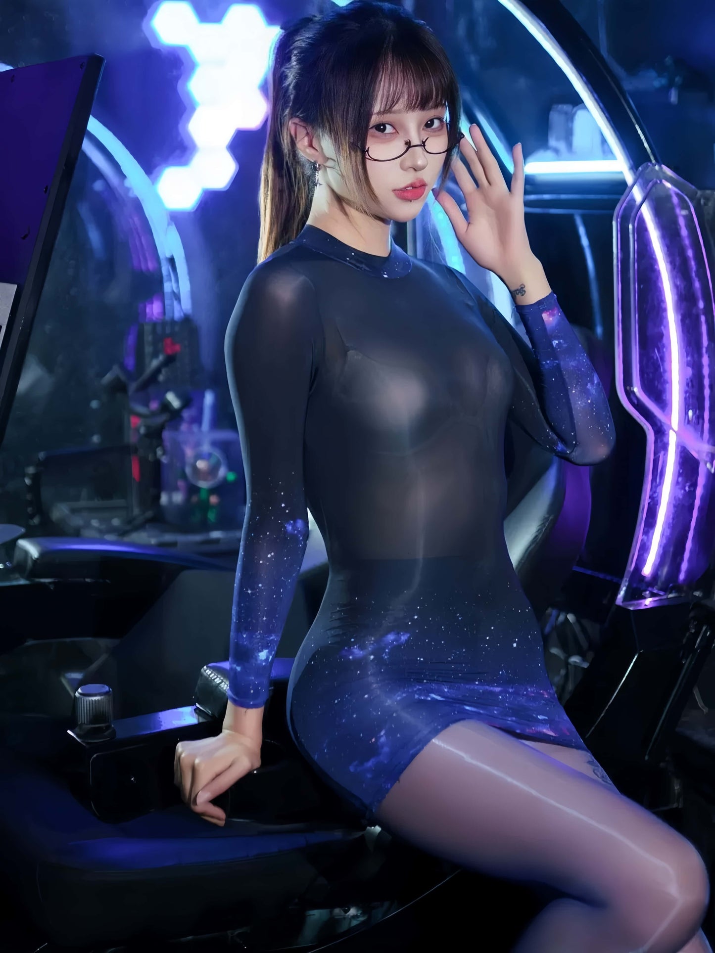 Sheer Spandex 10D Nylon Short Dress See Through Galaxy Lingerie Dress