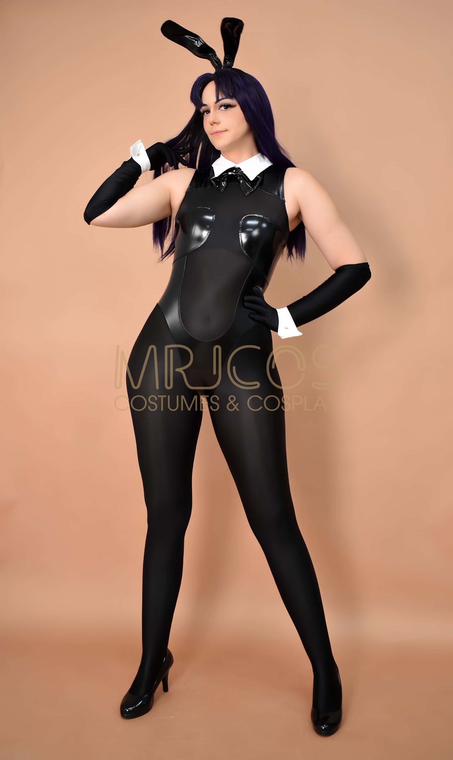 PU Leather Spandex See Through Bunny Girl Bodysuit Cosplay Costume Lingerie