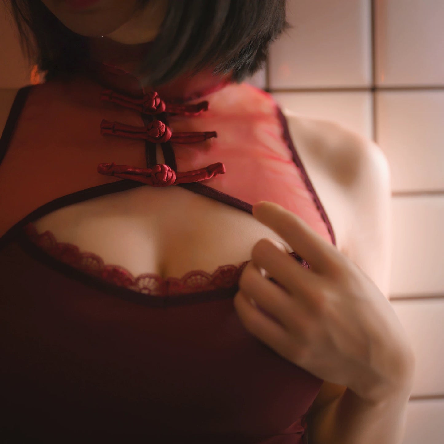 Lace-Up Mesh Cheongsam Lingerie – High-Slit Qipao Sleepwear