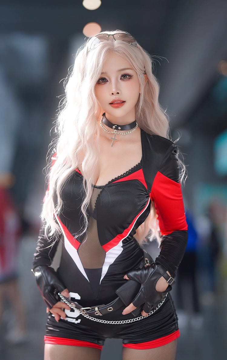 Black and Red One-Piece Spandex Race Queen Bodysuit Cotume with Sheer Mesh