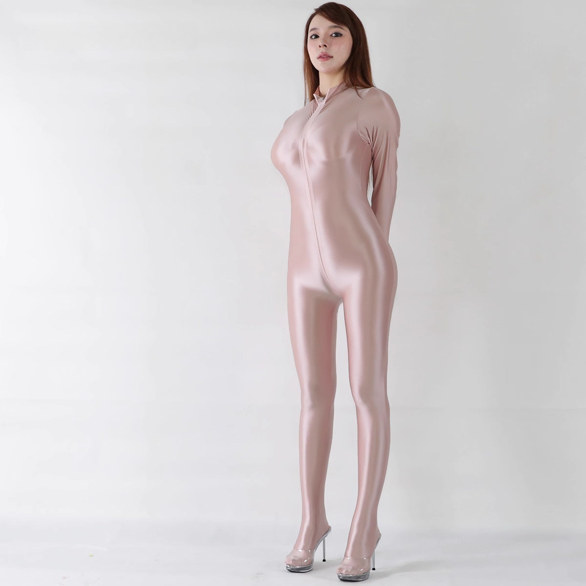 Front Zipper Spandex Nylon Full Bodysuit Zentai Shinny Jumpsuit with Triple-Zipper