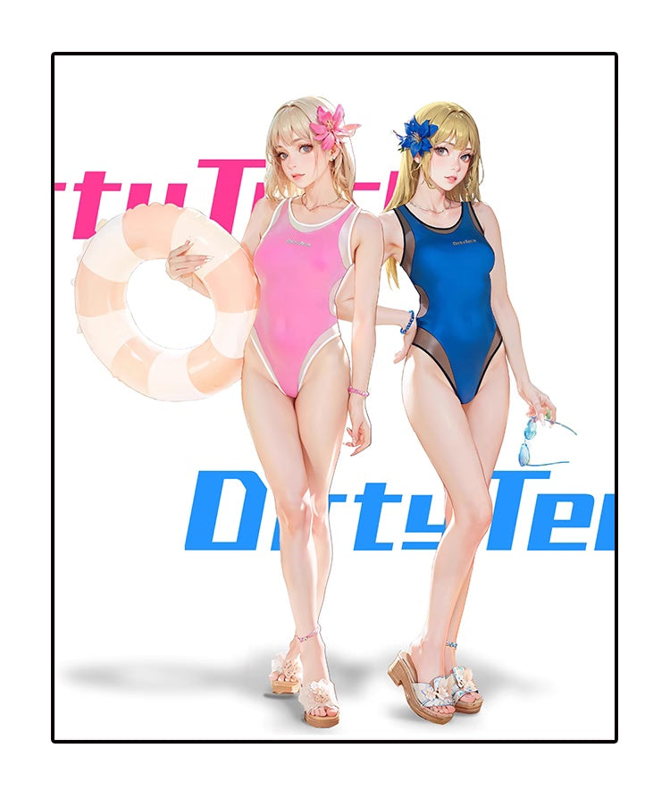 Anime Tropical Style One-piece Swimsuit with Mesh Sheer Overlay Summer Swimwear