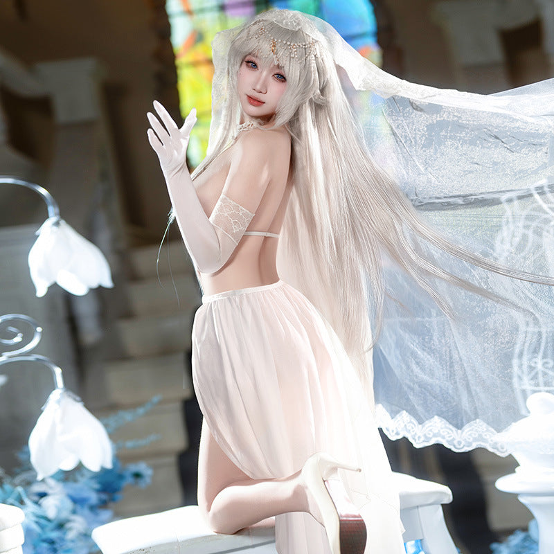 Gothic Bridal Cosplay Lingerie Set – Open-Crotch Sheer Lace Bodysuit, Veil & High-Slit Skirt Outfit