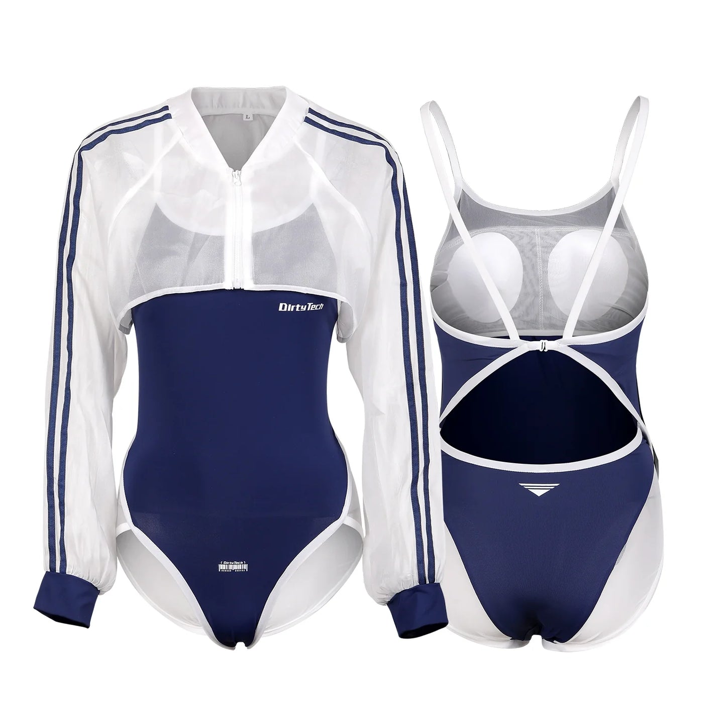 Anime Style Blue Spandex One-piece Swimsuit with Sheer Crop Jacket and Stockings