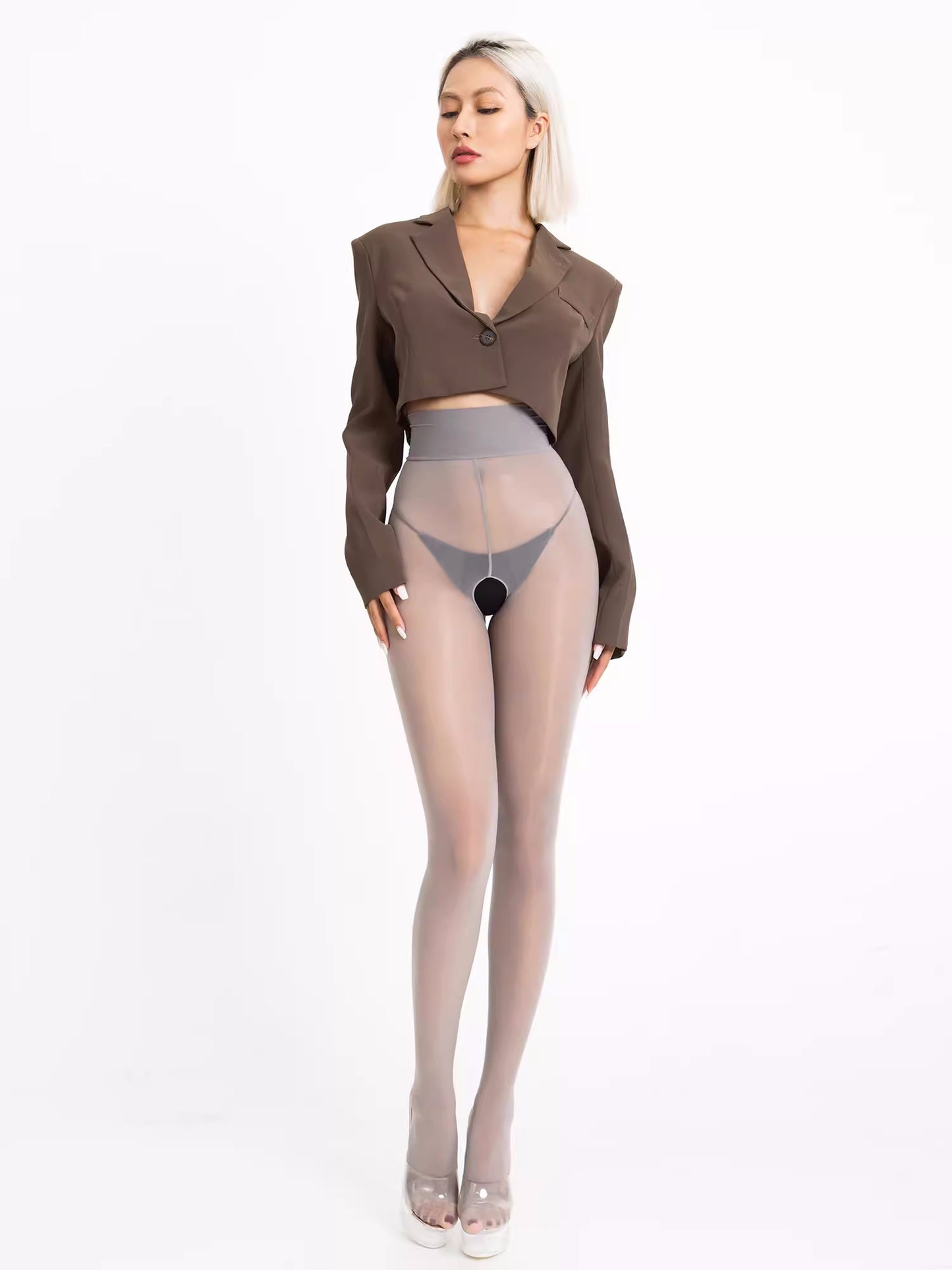 20D Crotchless High Waist Pantyhose Tights Grey