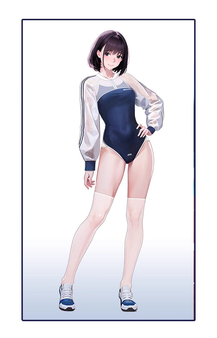 Anime Style Blue Spandex One-piece Swimsuit with Sheer Crop Jacket and Stockings