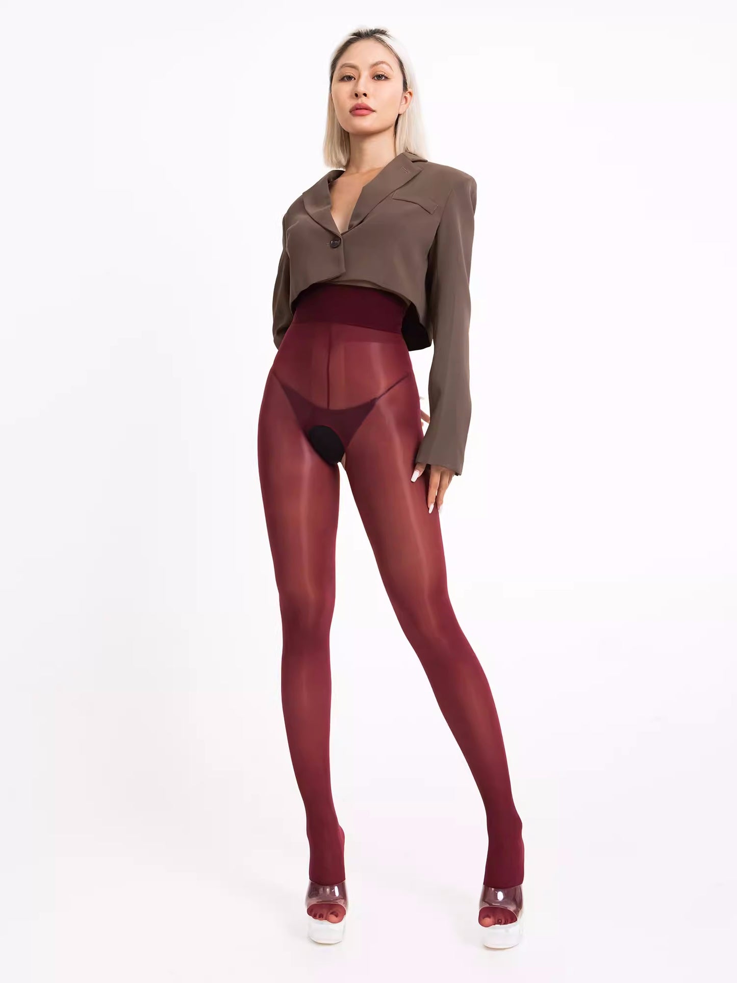 20D Crotchless High Waist Pantyhose Tights Red