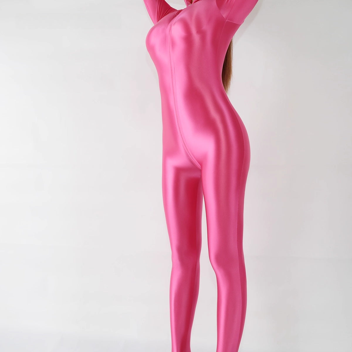 Front Zipper Spandex Nylon Full Bodysuit Zentai Shinny Jumpsuit with Triple-Zipper