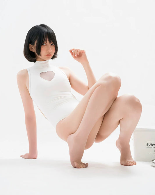 Anime JK Style Heart Mesh Cutout High-Neck One-Piece Swimsuit