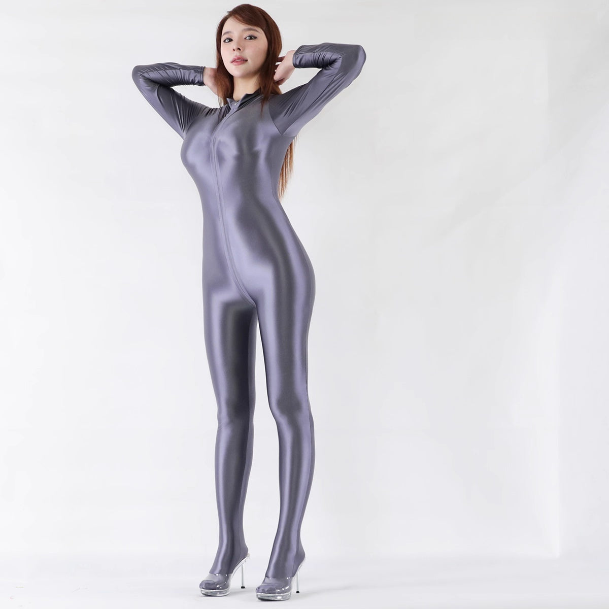 Front Zipper Spandex Nylon Full Bodysuit Zentai Shinny Jumpsuit with Triple-Zipper
