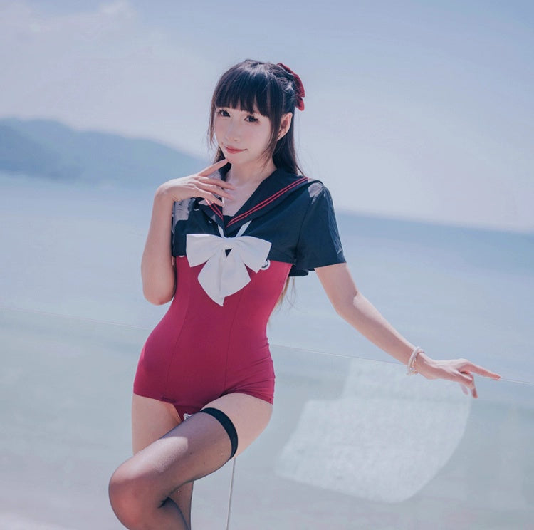 Japanese Anime Sailor Style Two-Piece Uniform Swimsuit Set with Bandage Design