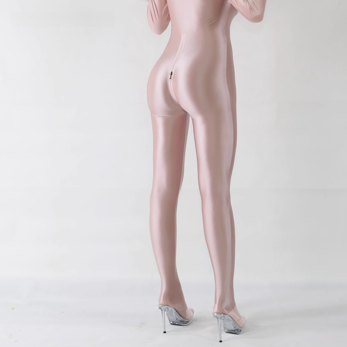 Front Zipper Spandex Nylon Full Bodysuit Zentai Shinny Jumpsuit with Triple-Zipper