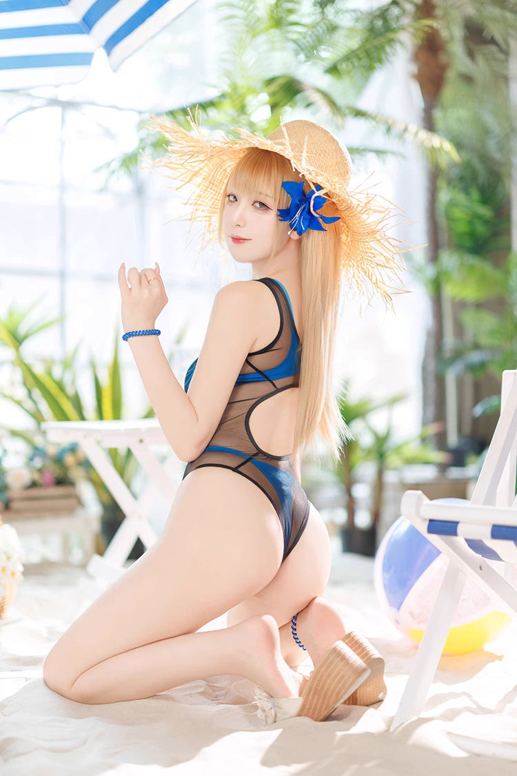 Anime Tropical Style One-piece Swimsuit with Mesh Sheer Overlay Summer Swimwear