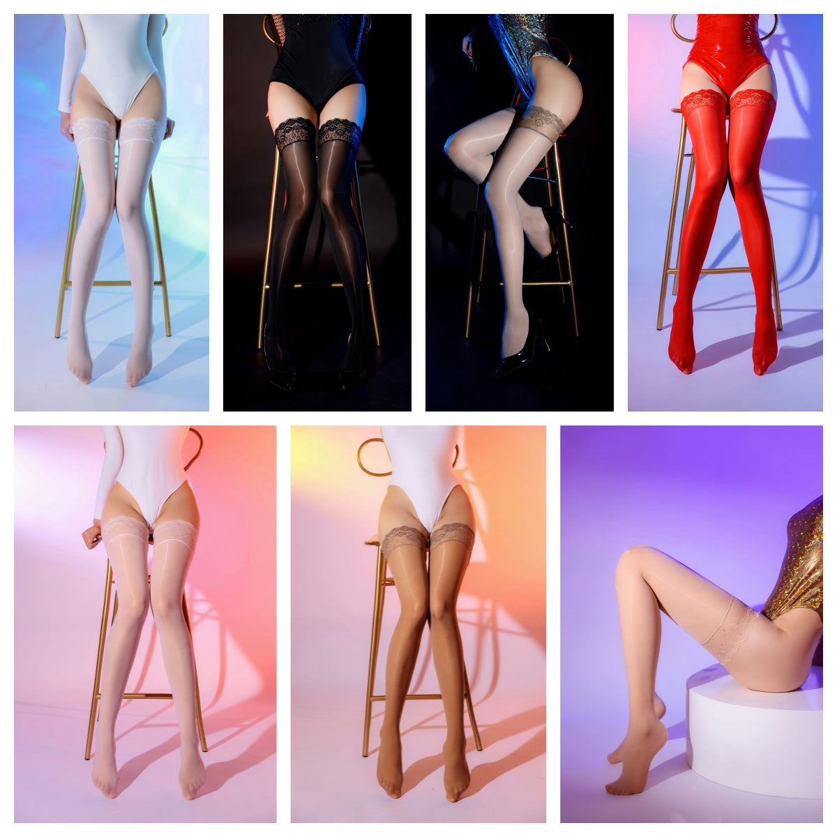 Lustrous 8D Ultra-Glossy Lace Stay-Up Stockings | 912-Needle High-Density Sheer Thigh-Highs