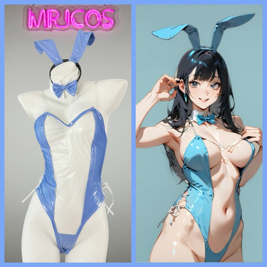 Bunny Girl PU Leather See Through Cosplay Bodysuit Costume Lingerie