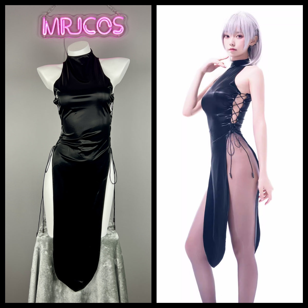 Vintage PU Leather Satin Cheongsam Lingerie Sexy Party Dress Costume