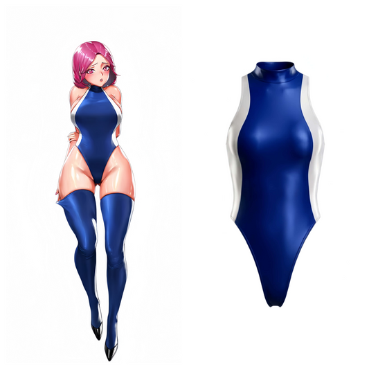 Contrast High-Cut Glossy Bodysuit – Sheer Panel Two-Tone Leotard with Back Zipper