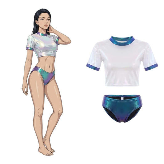 Pearlescent High-Gloss Crop Top & Metallic Bikini Set