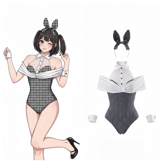 Houndstooth Bunny Girl Cosplay Bodysuit Set – Knit Faux Cashmere