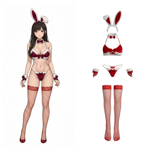 Playful Bunny Girl Velvet Lingerie Set – 6-Piece Cosplay Costume with Ears, Bowtie & Stockings