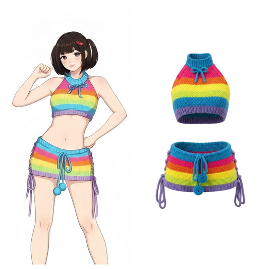 Rainbow Knit Halter Crop Top & Mini Skirt Set – Anime Cosplay & Festival Two-Piece Outfit