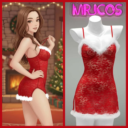 Sexy Women's Christmas Red Lace Babydoll Lingerie Set