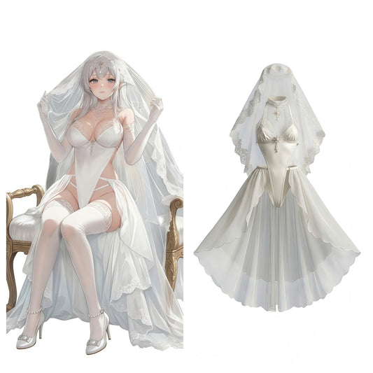 Gothic Bridal Cosplay Lingerie Set – Open-Crotch Sheer Lace Bodysuit, Veil & High-Slit Skirt Outfit