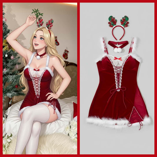 Sexy Women's Christmas Red Sheer Babydoll Lingerie Dress