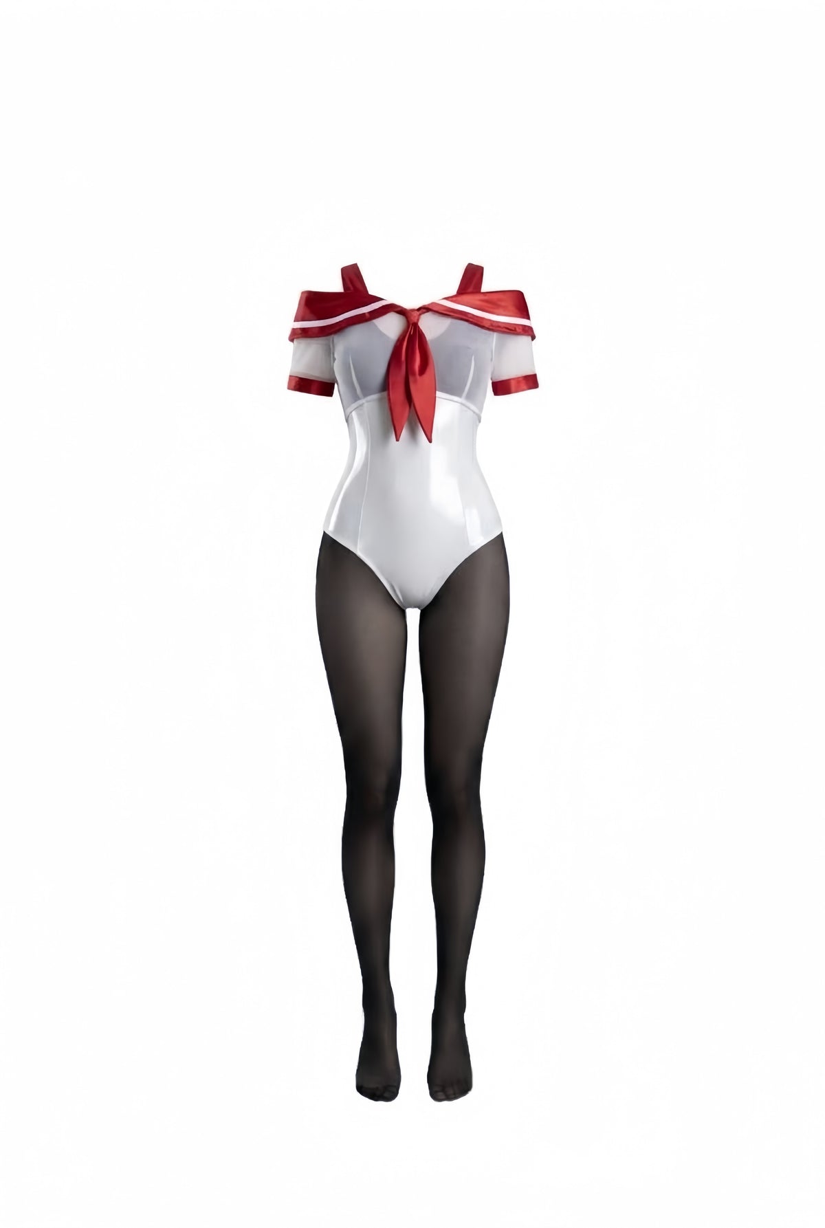 3-Piece Sailor Collar Bodysuit Set – Includes Glossy Bodysuit, Sheer Sailor Crop Top & Tights