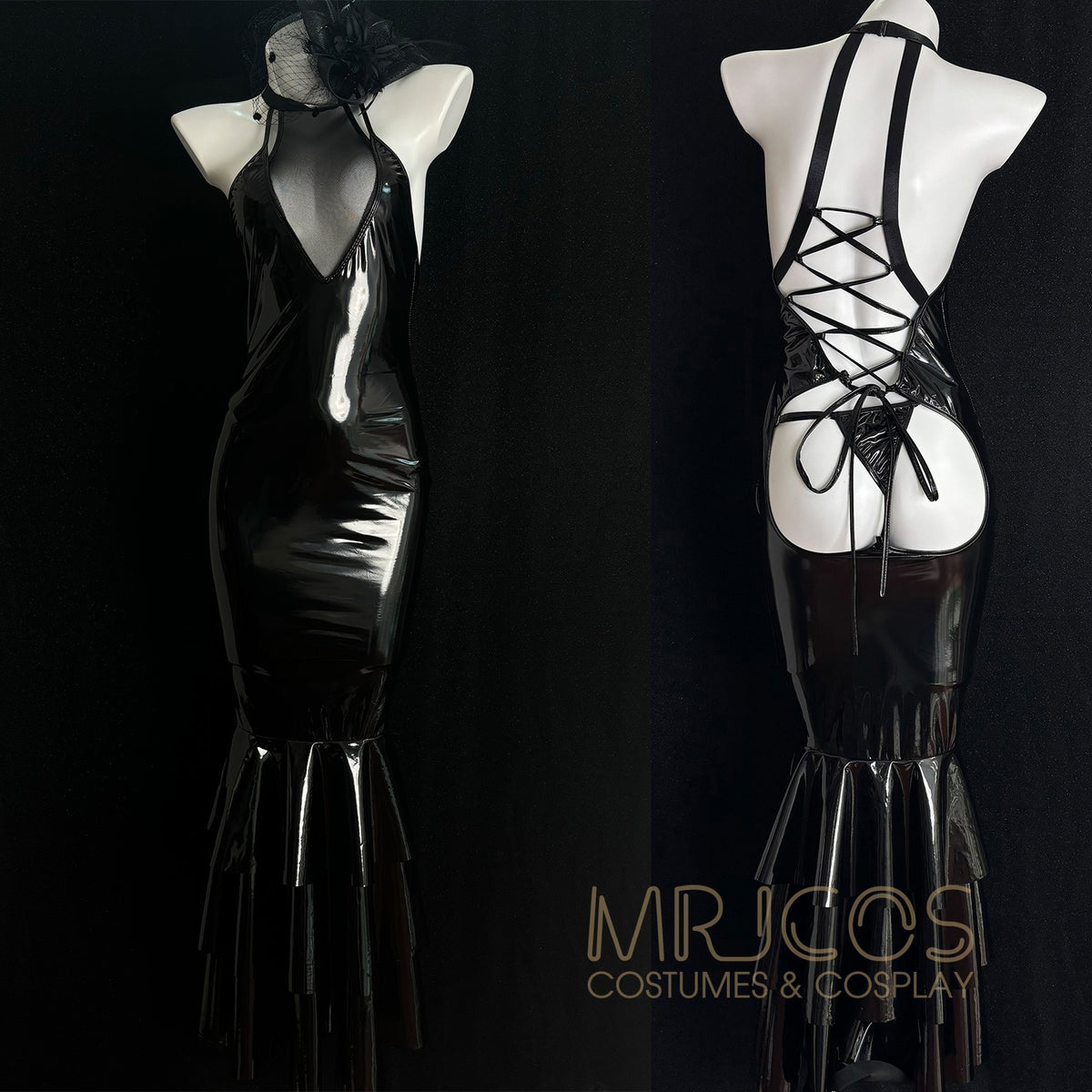 Seductive Black Patent Leather & Mesh Mermaid Lingerie Costume Set