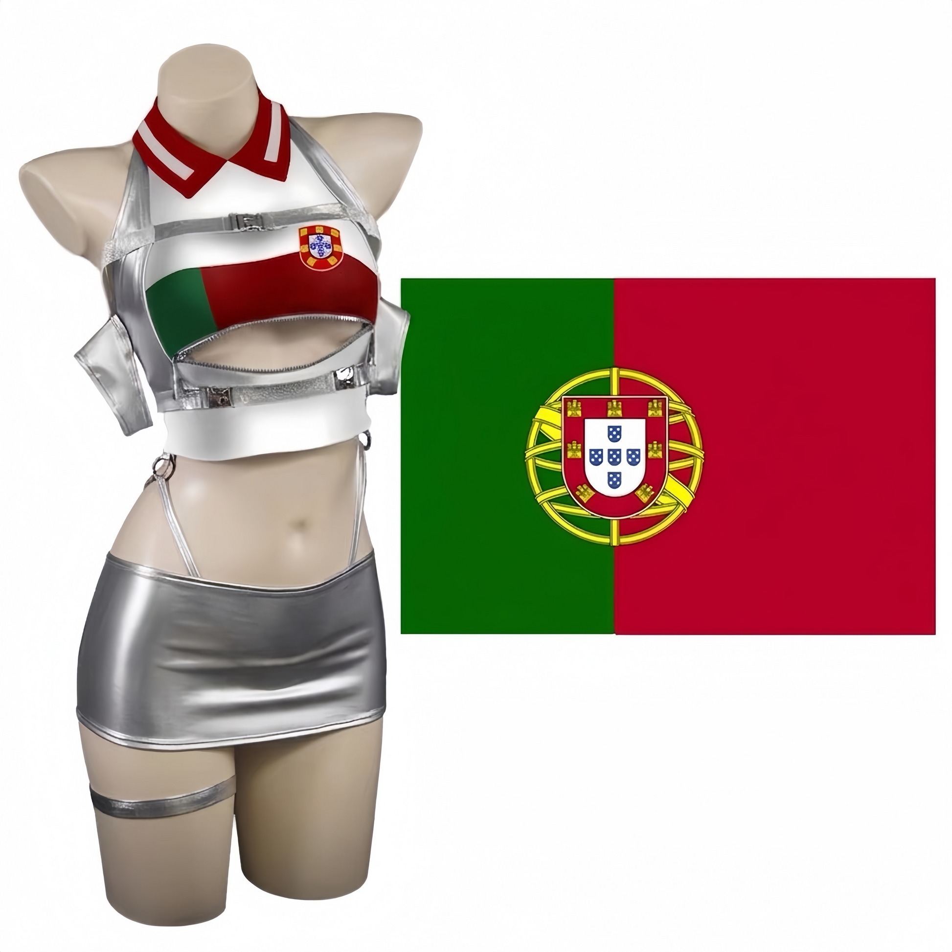 World Cup Soccer Star 3-in-1 Cosplay Set – Metallic PU Leather Clubwear & Rave Outfit