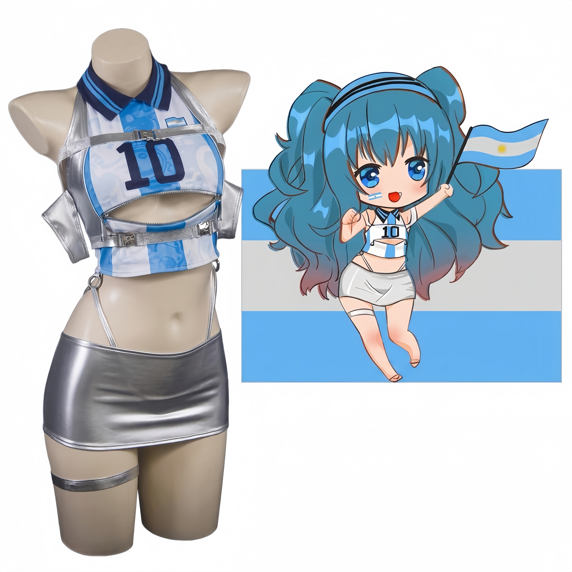 World Cup Soccer Star 3-in-1 Cosplay Set – Metallic PU Leather Clubwear & Rave Outfit