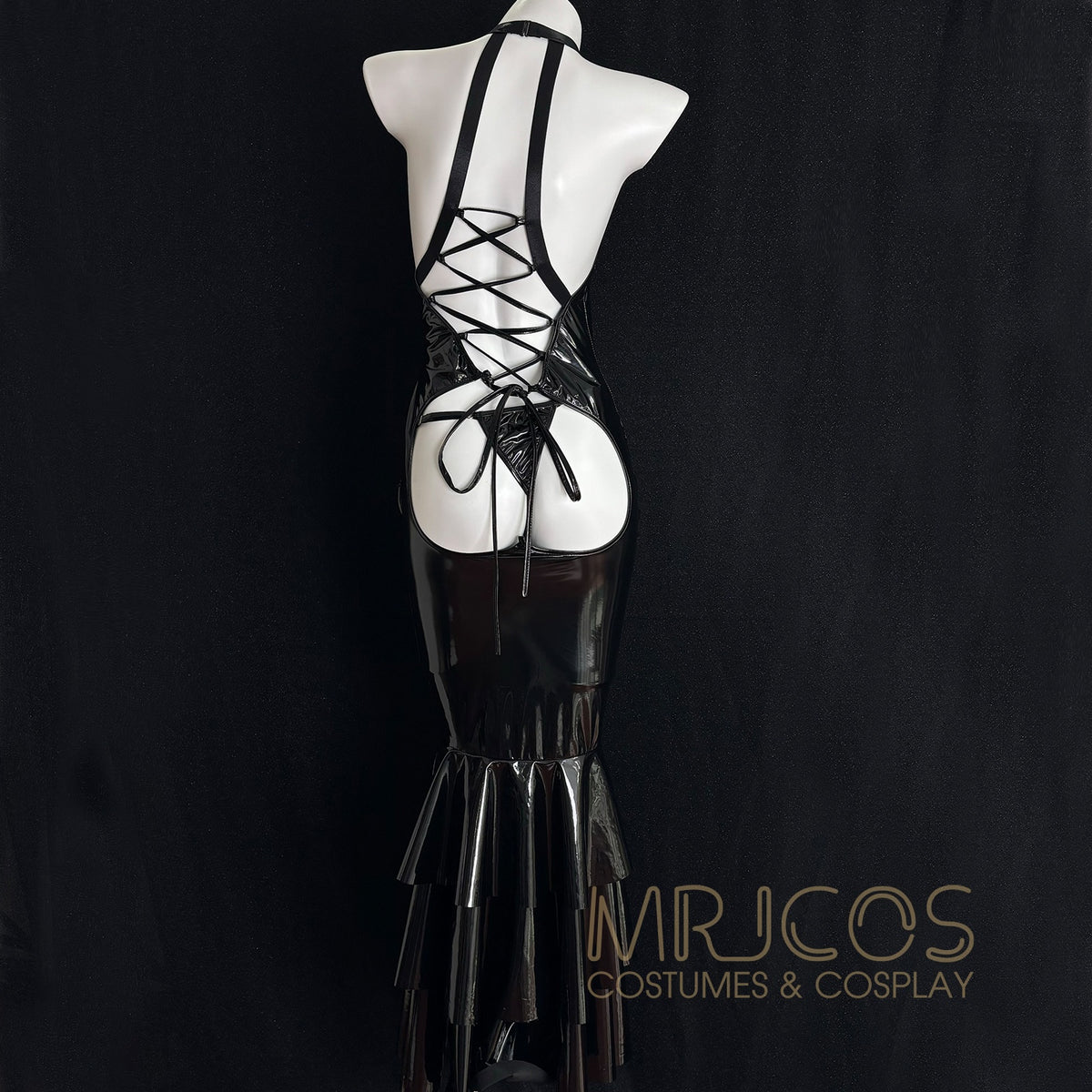 Seductive Black Patent Leather & Mesh Mermaid Lingerie Costume Set