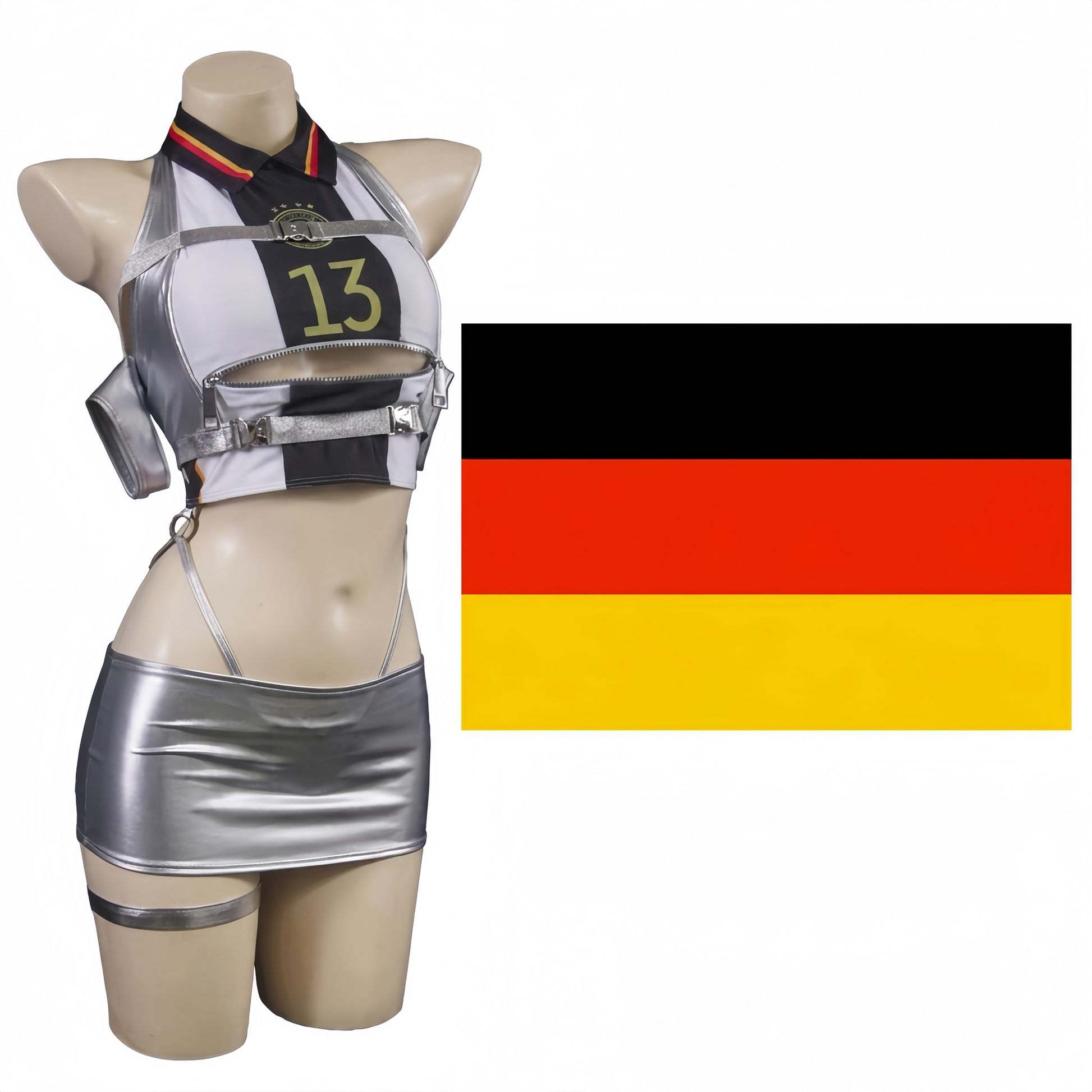 World Cup Soccer Star 3-in-1 Cosplay Set – Metallic PU Leather Clubwear & Rave Outfit