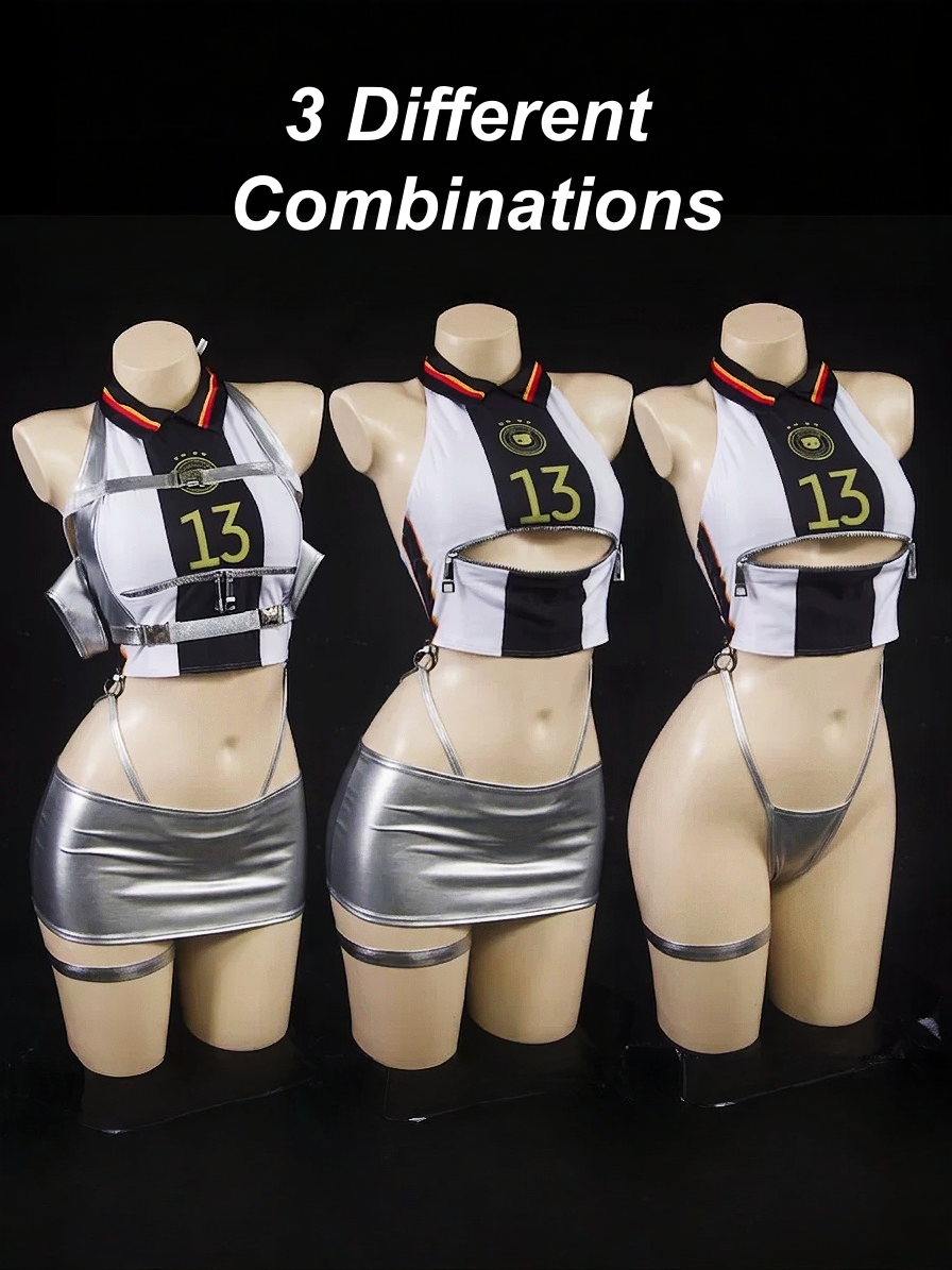 World Cup Soccer Star 3-in-1 Cosplay Set – Metallic PU Leather Clubwear & Rave Outfit