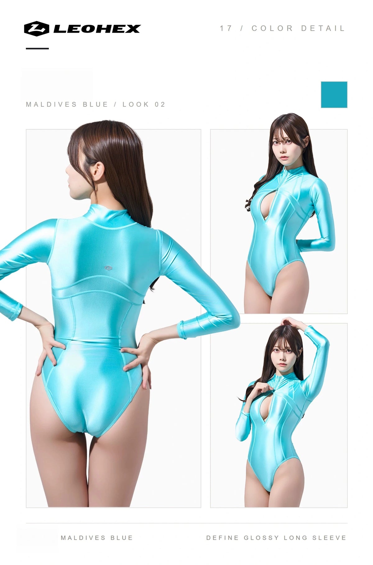 LEOHEX Glossy Spandex One-Piece Long-Sleeve Bodysuit & Swimsuit with YKK Front Zipper