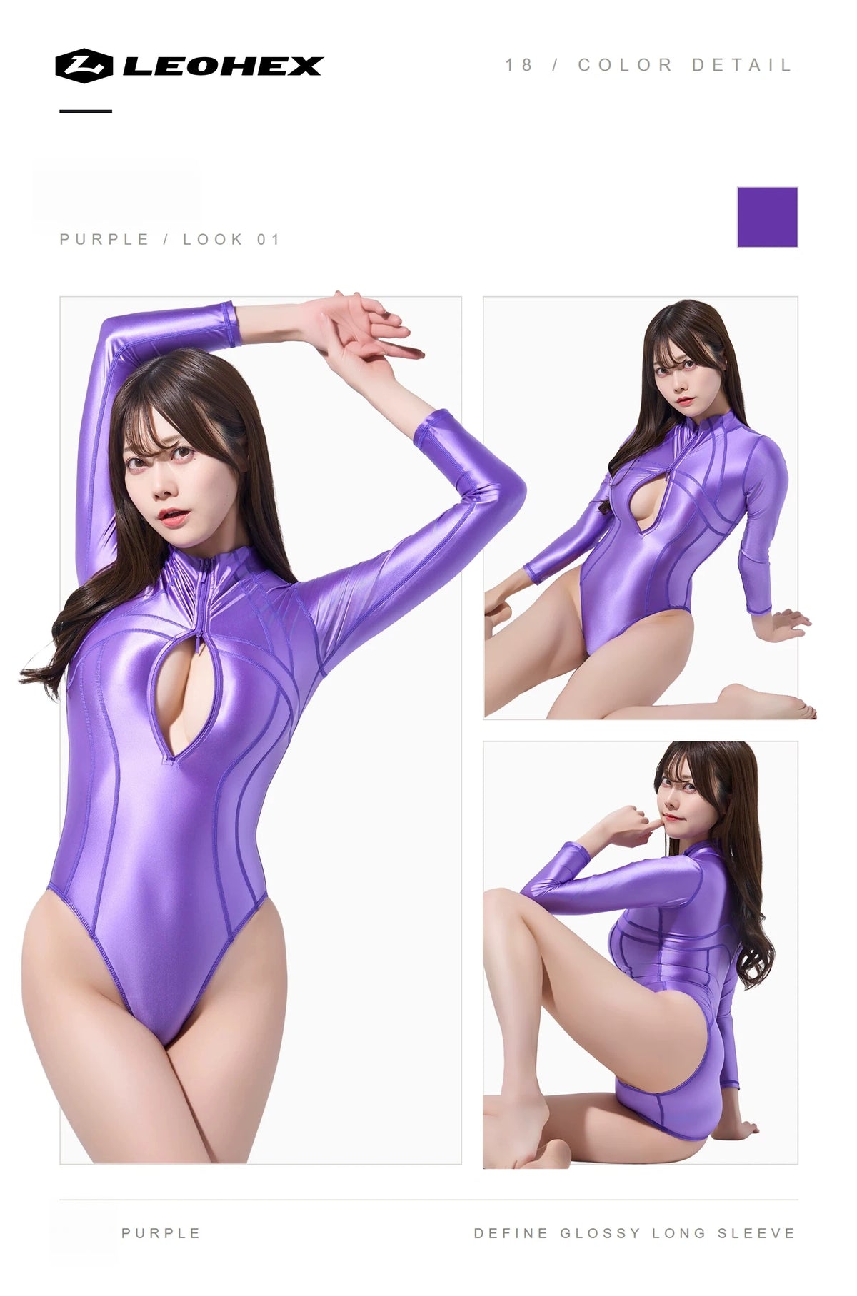 LEOHEX Glossy Spandex One-Piece Long-Sleeve Bodysuit & Swimsuit with YKK Front Zipper