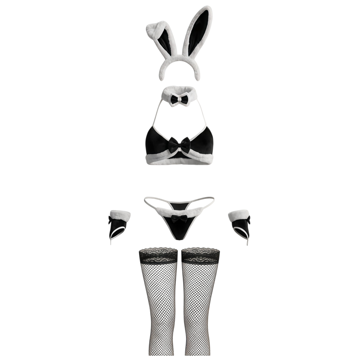 Playful Bunny Girl Velvet Lingerie Set – 6-Piece Cosplay Costume with Ears, Bowtie & Stockings